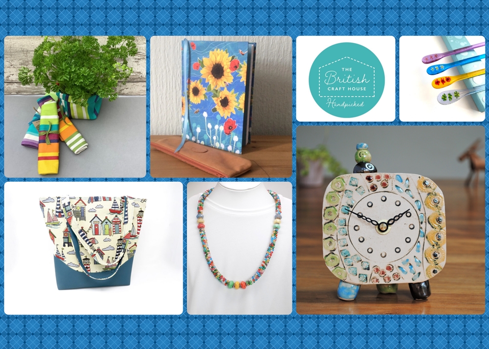 For #teamtbch #teamworkthursday Collage I have chosen all these lovely Bright coloured gifts, thebritishcrafthouse.co.uk <a href="/fabricvase/">The Fabric Vase Co</a>  - Herb Sack <a href="/wildrosedesign7/">Linda Wild</a> - Tote Bag  IGStudio Ceramics - Clock <a href="/BumblebeeGlass/">Bumblebee Glass</a>  - Drink Stirrers <a href="/craftednotebook/">Handcrafted Notebooks</a> - A5 Notebook. #giftideas