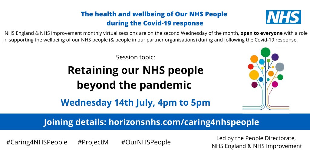 The next @HorizonsNHS Health and Wellbeing community event will be on Wednesday 14th July 2021, 4pm to 5pm.
This event will be focusing on retaining our NHS people beyond the pandemic and is open to all of the NHS community. 
#Caring4NHSpeople.