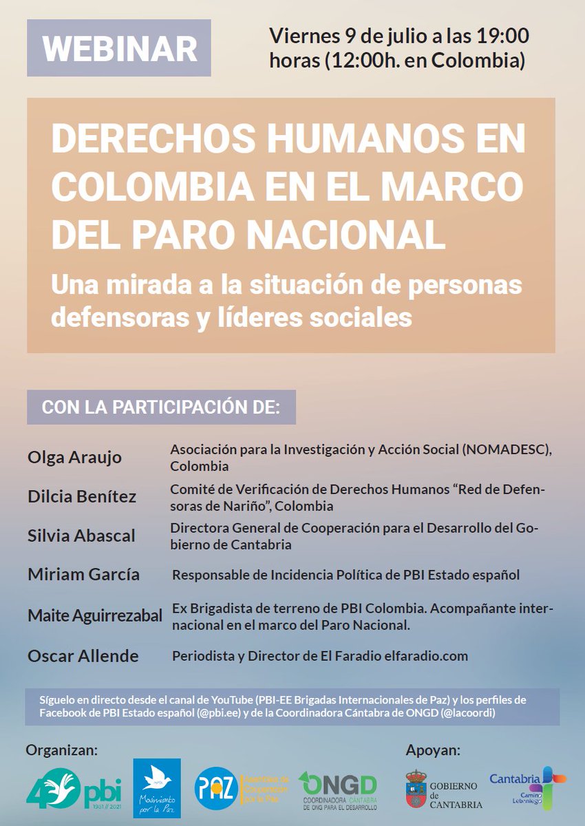 PBI - Estado Español (@pbi_ee) on Twitter photo 📢WEBINAR: #DDHH en #COLOMBIA en el marco del PARO NACIONAL.
Derecho a la protesta, reivindicaciones estructurales, violencia sistemática sobre defensoras de DDHH...
📅 Viernes 09/07
⏰ 19:00h
🔗youtube.com/watch?v=JbbUmB…
No te lo pierdas!
<a href="/Nomadesc/">Asociación Nomadesc</a> <a href="/cantabriacoope1/">Cantabria Coopera 🌍</a> <a href="/elfaradio/">El Faradio</a> 📢WEBINAR: #DDHH en #COLOMBIA en el marco del PARO NACIONAL.
Derecho a la protesta, reivindicaciones estructurales, violencia sistemática sobre defensoras de DDHH...
📅 Viernes 09/07
⏰ 19:00h
🔗youtube.com/watch?v=JbbUmB…
No te lo pierdas!
<a href="/Nomadesc/">Asociación Nomadesc</a> <a href="/cantabriacoope1/">Cantabria Coopera 🌍</a> <a href="/elfaradio/">El Faradio</a>