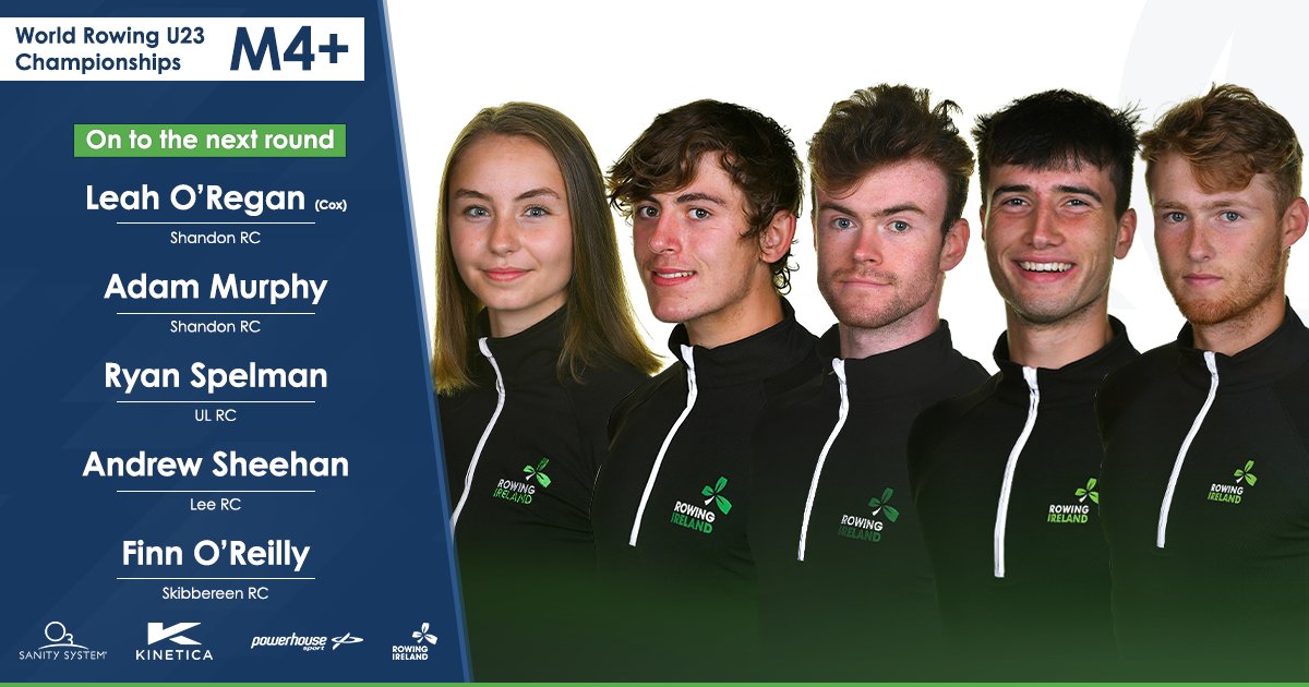 RowingIreland's tweet image. World Rowing U23 Championships

M4+ Race Result 

The Men's Coxed Four Crew of Finn O'Reilly, Adam Murphy, Ryan Spelman, Andrew Sheehan and Leah O'Regan (cox) finished second in the Preliminary Race.

They will now race in the A Final on Saturday at 14:15!

#wearerowingireland