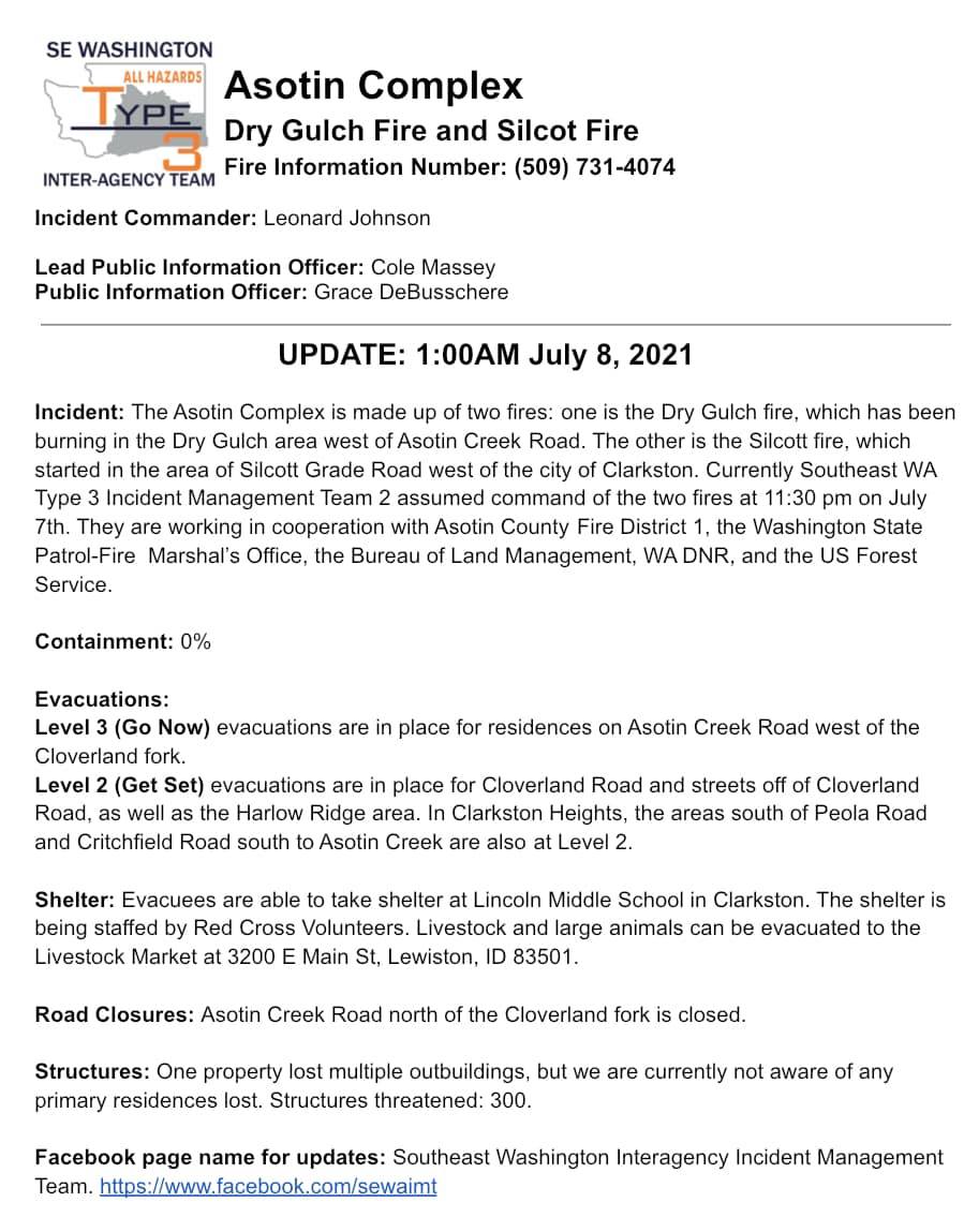 EWFIREANDHAZARD's tweet photo. #AsotinComplexFire #DryGulchFire #SilcottFire
EVACUATIONS
LEVEL 3: 
-ASOTIN CREEK RD, WEST OF THE CLOVERLAND FORK
LEVEL 2:
-CLOVERLAND RD &amp; STREETS OFF OF CLOVERLAND RD
-HARLOW RIDGE AREA
-CLARKSTON HEIGHTS- AREAS SOUTH OF PEOLA RD &amp; CRITCHFIELD RD S TO ASOTIN CREEK
#WaWildfire https://t.co/fn9C7W7hEL