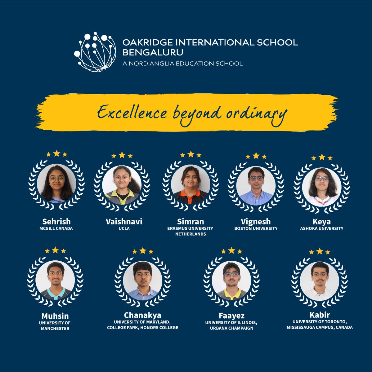 University Placements for our IBDP Topper students has been exemplary! We are extremely proud of them and wish them all the best for their future.
#OakridgeInternationalSchool #nordangliaschool #NAEBeAmbitious #UniversityPlacements