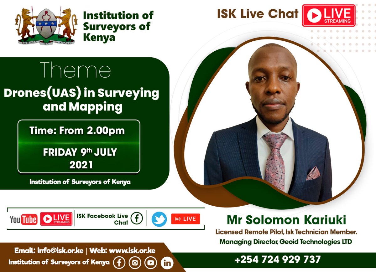 isk_kenya's tweet photo. Please join us this Friday 9th July from 2pm, on the #ISKLiveChat session where we will be hosting Mr. Solomon Kariuki who will be taking us through Drones (UAS) in Surveying and Mapping.
You can't afford to miss this.
#Happymember
#ISKLiveChat https://t.co/qW3iIEEAJr