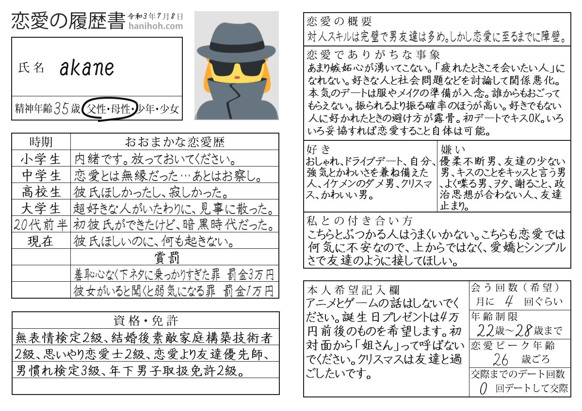 Akane 怖いほど当たってる 本人希望記入欄だけはハズレだけど みんなもやってみ おもろいよ 履歴書 診断 Akaneさんの恋愛履歴書が公開されました 詳細 みんなやろう T Co Vfoclv340b Akane 怖いほど当たってる 本人希望記入欄だけはハズレだけど みんなもやってみ おもろいよ 履歴書 診断 Akaneさんの恋愛履歴書が公開されました 詳細 みんなやろう T Co Vfoclv340b