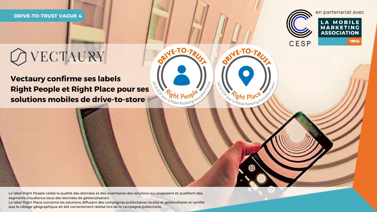 🏅🏅C'est la 4ème vague de certification "Drive-to-trust" avec la <a href="/MMAFrance_Asso/">ex Mobile Marketing France</a> et le <a href="/CESPAUDIT/">CESP(CENTRE D'ETUDE DES SUPPORTS DE PUBLICITE)</a> et c'est la 4ème fois que <a href="/VECTAURY_fr/">VECTAURY</a> confirme ses doubles labels Right Place et Right People ! Bravo à tous 👏  
#transparence #constance #excellence #drivetotrust #drivetostore