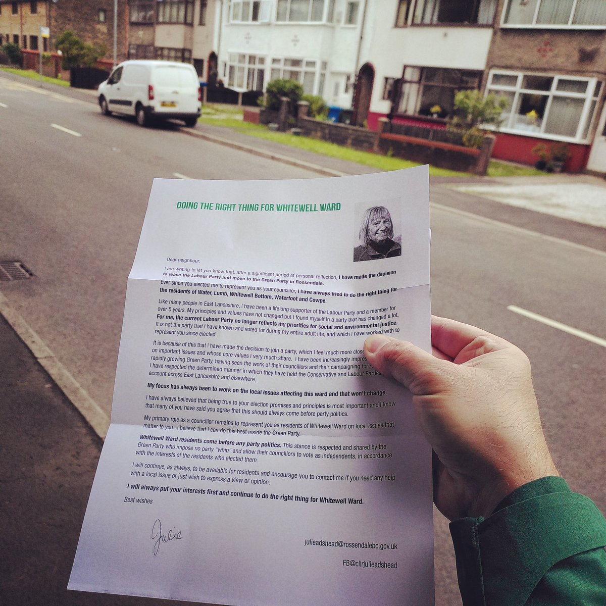 Great to be out in Rossendale today delivering a message from Councillor Julie Adshead. Julie has made the principled decision to leave Labour and join the Greens as the most effective way to get her work done.