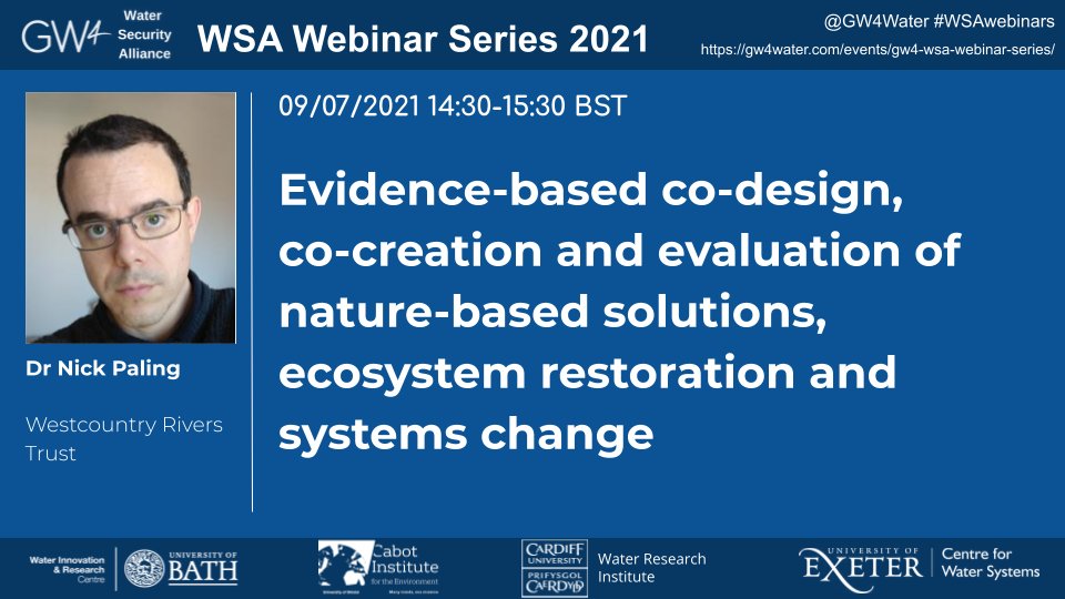 We hope to see you at the next in the @Gw4Water
 #WSAwebinars series tomorrow, where Dr Nick Paling from @WestcountryRT will present on 'nature-based solutions, ecosystem restoration and systems change'.

09/07 14.30-15.30: gw4water.com/events/gw4-wsa…