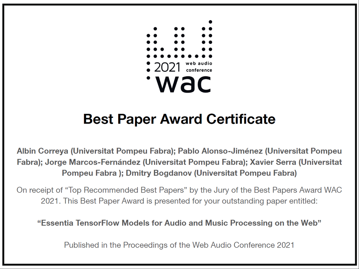 Albin Andrew Correya (@albincorreya) on Twitter photo Glad to share that we got one of the best paper award at the Web Audio Conference 2021 <a href="/WebAudioConf/">WAC2022</a> :)
Paper: webaudioconf2021.com/paper-c-4/
Joint work with <a href="/pablo__alonso/">Pablo Alonso Jiménez</a> @MaferGeorge Xavier Serra <a href="/di_bogdanov/">Dmitry Bogdanov</a> <a href="/mtg_upf/">MTG-UPF</a> Glad to share that we got one of the best paper award at the Web Audio Conference 2021 <a href="/WebAudioConf/">WAC2022</a> :)
Paper: webaudioconf2021.com/paper-c-4/
Joint work with <a href="/pablo__alonso/">Pablo Alonso Jiménez</a> @MaferGeorge Xavier Serra <a href="/di_bogdanov/">Dmitry Bogdanov</a> <a href="/mtg_upf/">MTG-UPF</a>