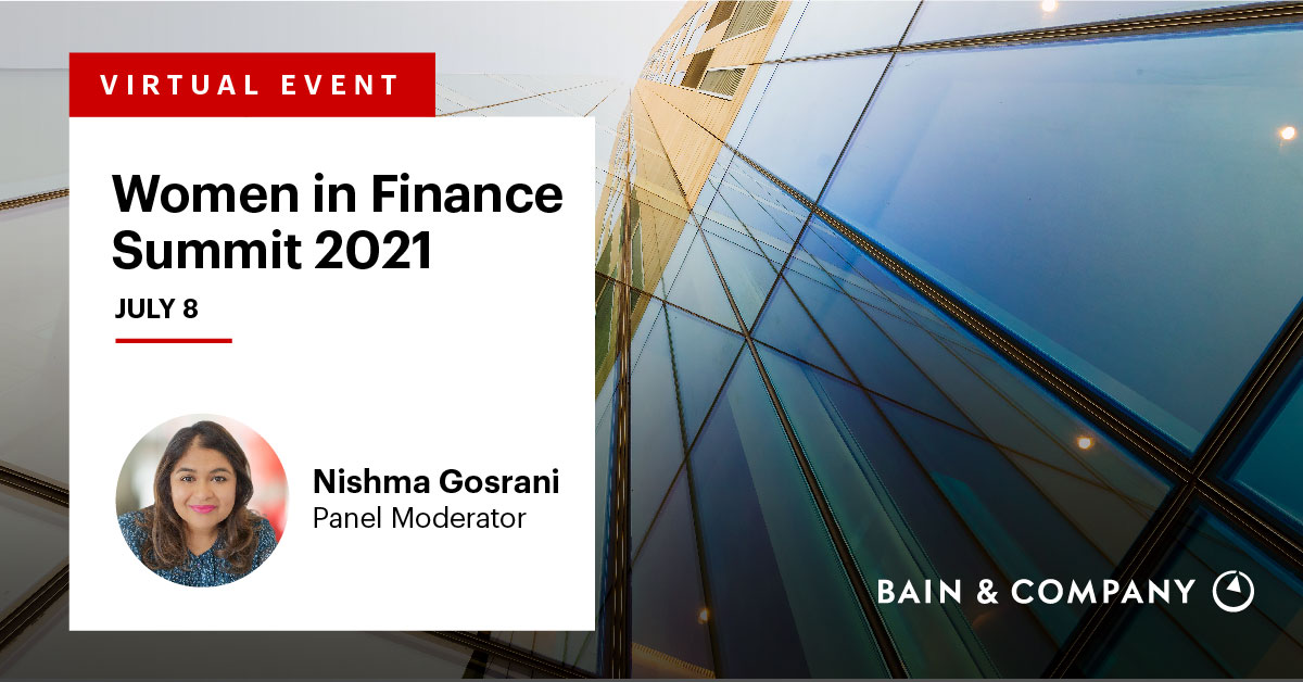 Today, Bain partner <a href="/NishGosrani/">Nishma Gosrani OBE</a> OBE is moderating a high-impact discussion at <a href="/cfconferences/">City & Financial Global (inactive)</a> #WomeninFinance Summit, covering how far and how fast the #FinancialServices industry has progressed on gender equality in the past year. atbain.co/3h4kgzd