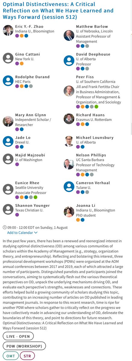 We invite you to participate in the 2021 <a href="/AOMConnect/">Academy of Management</a> PDW on Optimal Distinctiveness. The PDW is scheduled to take place on Sunday, August 1, 9:00-12:00EDT. The format is live open synchronous. Sponsored by <a href="/AOM_OMT/">OMT Division</a> <a href="/AOM_STR/">STR - Strategic Management Division</a> #AOM2021 
 
Registration Link:
iu.co1.qualtrics.com/jfe/form/SV_0B…