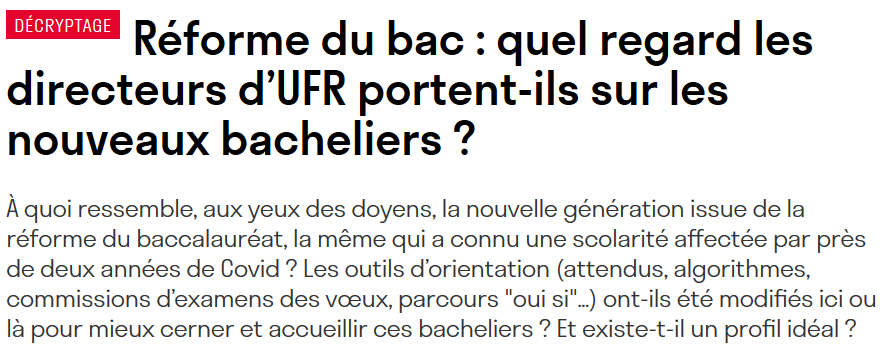 A quoi ressemble, aux yeux des doyens, la nouvelle génération issue de la réforme du bac, la même qui a connu une scolarité affectée par près de deux années de #COVID19 ? ⤵️

aefinfo.fr/depeche/652824