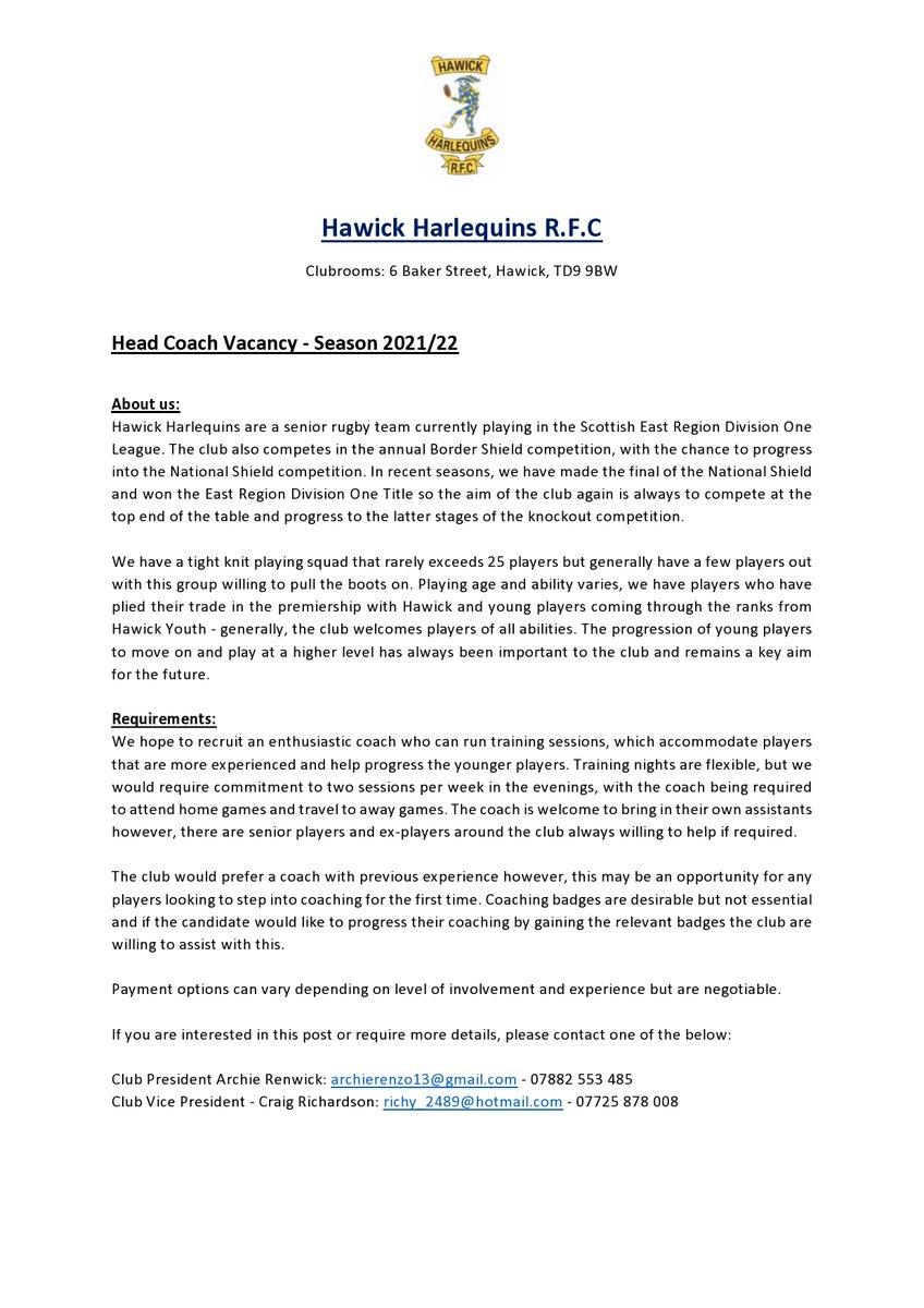 VACANCY || Head Coach <a href="/HawickQuinsRFC/">Hawick Quins</a> 

Please click link 👇👇👇for more info
bit.ly/3hKwLix