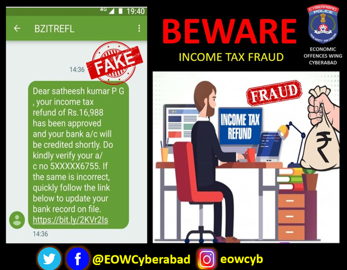 Taxpayers #Beware.

Please do not click on any fake link that promises to refund. These are phishing messages and are not sent by the Income Tax Department.