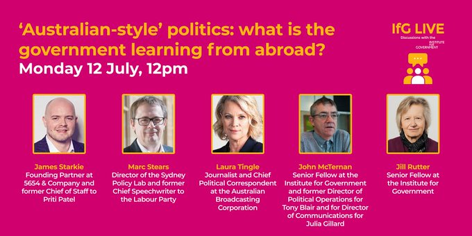 I've lost count of the number "Australian-style" UK govt policies.

But what's the substance behind the spin?

Join our brilliant panel <a href="/latingle/">Laura Tingle</a> <a href="/johnmcternan/">John McTernan</a> <a href="/mds49/">Marc Stears</a> <a href="/Jamesara/">James Starkie</a> <a href="/jillongovt/">Jill Rutter</a> for <a href="/instituteforgov/">Institute for Government</a> Monday - 12pm GMT / 9pm AEST.

Details here: instituteforgovernment.org.uk/events/austral…