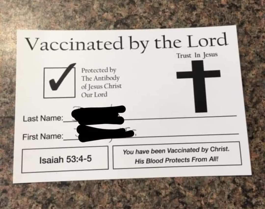 JMcCainNvrTrump's tweet photo. Vaccinated by Jesus. Because they really are that dumb. #QSoCrazy #DumbTrumpers https://t.co/qbMz7maS3V
