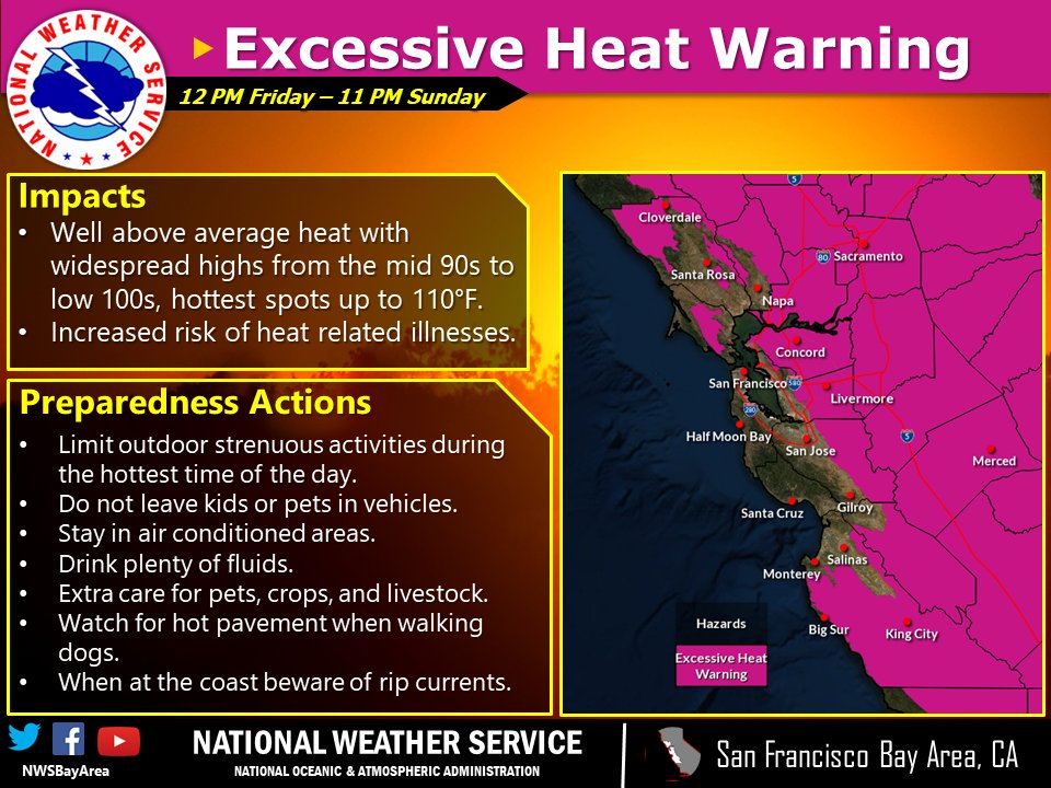 Dangerously hot conditions are likely across the interior beginning Friday and continuing into the weekend as daytime temperatures warm to between 102°-110°F.  Thus, an Excessive Heat Warning has been issued. Onshore flow should limit heating near the coast/bays.