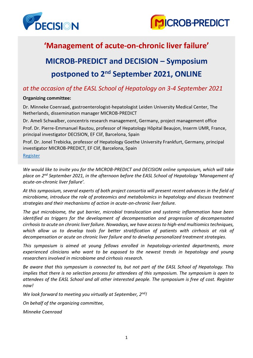 MicrobPredict's tweet image. We would like to invite you for the @MicrobPredict symposium on ‘Management of acute-on-chronic liver failure’ on 2nd September 2021, at the occasion of the EASL School of Hepatology. microb-predict.eu #LiverDisease #ACLF @EU_H2020 @EASLedu @EASLnews @EASLEUAffairs