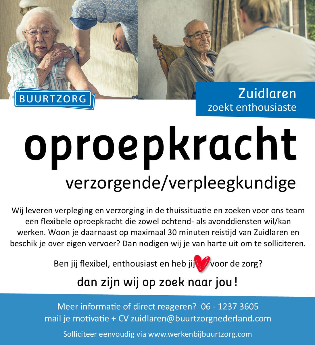 #Buurtzorg #Zuidlaren is op zoek naar  #oproepkracht #verpleegkundige / #verzorgendeIG #allediensten Heb jij #hartvoordezorg kom werken bij BUURTZORG! check werkenbijbuurtzorg.nl