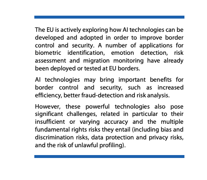 🚨 The EU Parliament just published its study on the use of #AI at European Borders: europarl.europa.eu/RegData/etudes… 

While the paper recognizes some historical and systemic drivers of #BorderTech and points to risks of discrimination, profiling, and privacy, there are many gaps🧵1/7