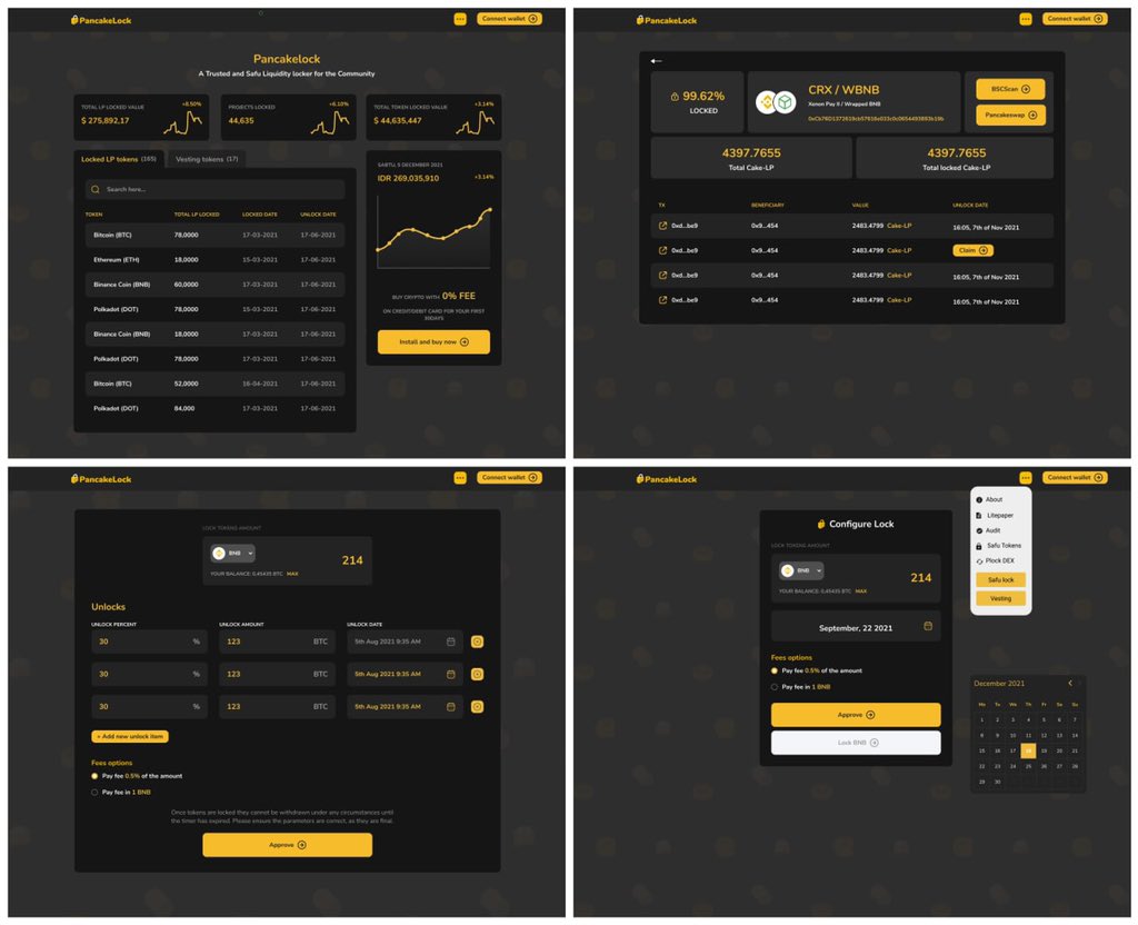 LockiFi's tweet photo. Pancakelock Development Update from https://t.co/nZQ26bGyY0 

🟡 #Safu Lock and vesting contracts were upgraded with new features &amp; gas optimizations. UI is 100% done, integration is in development.

👉 Be sure to check out our User interface and let us know what you think 💭 https://t.co/0AsAFObTad