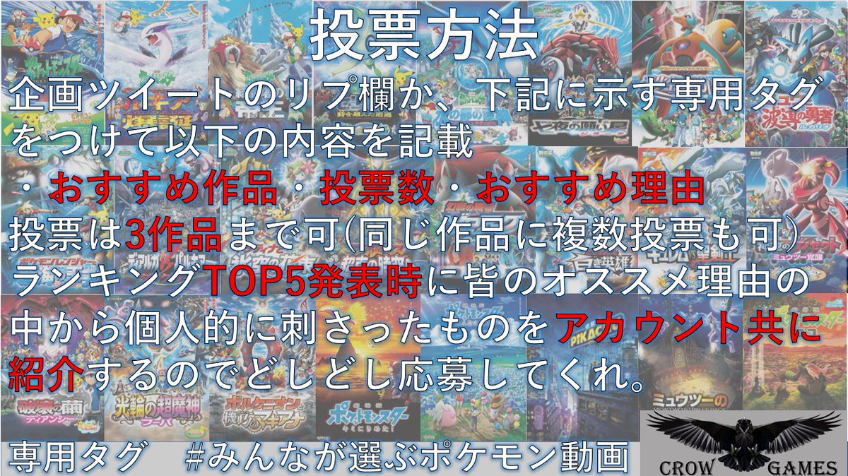 烏丸玄羽 今から みんなで選ぶポケモン映画ランキング 企画を始動するぞ 皆のオススメのポケモン映画を みんなが選ぶポケモン映画 のタグをつけて 映画名 投票数 おすすめ理由 を添えてツイートしてくれ 続く 玄チャン 拡散希望 烏丸玄羽 今から みんなで選ぶポケモン映画ランキング 企画を始動するぞ 皆のオススメのポケモン映画を みんなが選ぶポケモン映画 のタグをつけて 映画名 投票数 おすすめ理由 を添えてツイートしてくれ 続く 玄チャン 拡散希望