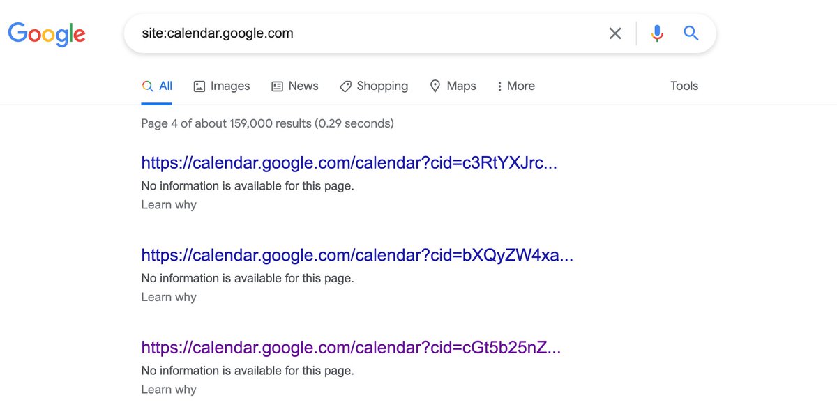 Google Calendar has about 160k URLs indexed. Most seem to be private calendars. Someone should tell Google that a robots.txt block doesn't prevent indexation. cc <a href="/JohnMu/">John 🧀 ... 🧀</a> <a href="/rustybrick/">Barry Schwartz</a>