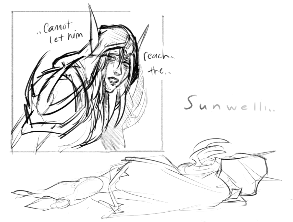 makaniart's tweet photo. what if Sylvanas *was* gonna say Sunwell at the end of the cinematic but it was because she was trying to pull a fast one on those nerds.  "huh?? No banshee queen around here!!  I sure love fighting trolls and breathing!" https://t.co/nDazZdkl0j
