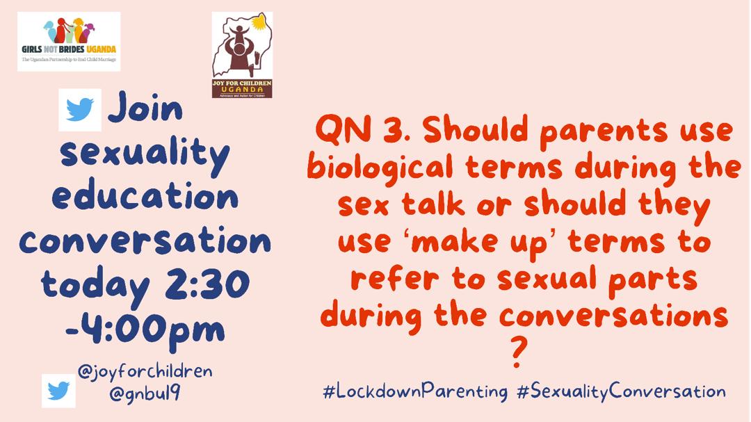JOYFORCHILDREN's tweet photo. Should Parents use biological terms during the sex talk or should they use ‘make-up terms to refer to the sexual parts during conversations?
@Sabrinakitaka @PatriciaHumura @Nankunda20 @Meyarmoses @drmiriamo @batahjuliet @phionamorrow @jettyjjuuko1 @Mosesntenga #LockdownParenting https://t.co/vTbexOWuOv