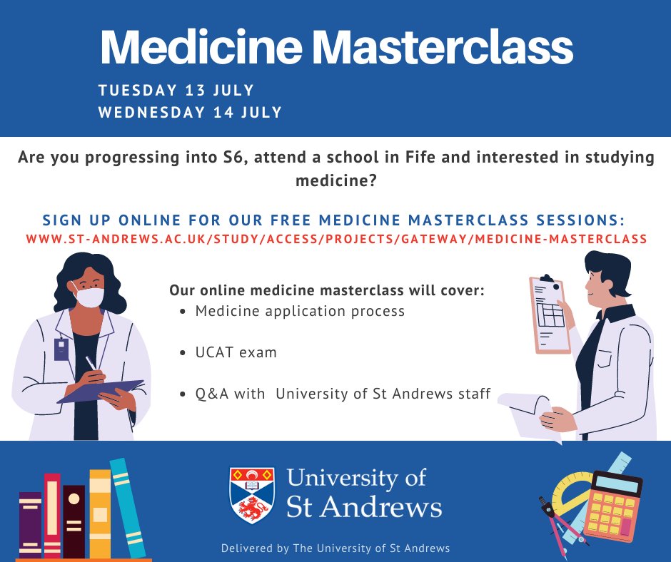 Reach_StAndrews's tweet photo. In S5, live in Fife and interested in studying medicine? 🔬

Next Tuesday and Wednesday, we will be running two online medicine masterclass events for you! 👨‍⚕️👩‍⚕️

Learn more and sign up for your place here: https://t.co/bt7EEbuSF0 https://t.co/n6SCukTNzY