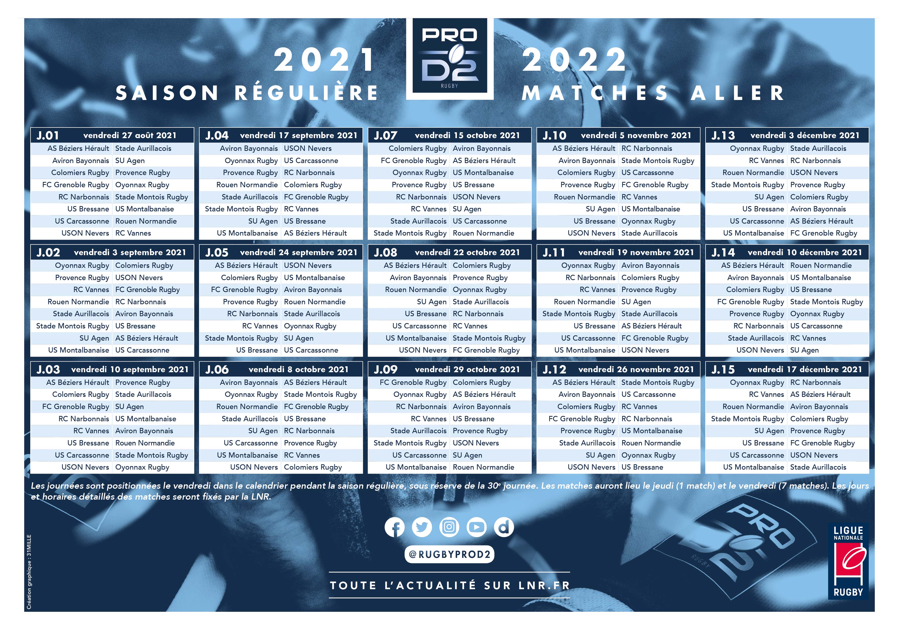 Ligue Nationale Rugby on Twitter: "#CalendrierTOP14 #CalendrierPROD2 Voici les Calendriers de la saison 2021/2022 de TOP 14 et de PRO D2 ! 🗓️ Retrouvez les infos clés et téléchargez les calendriers