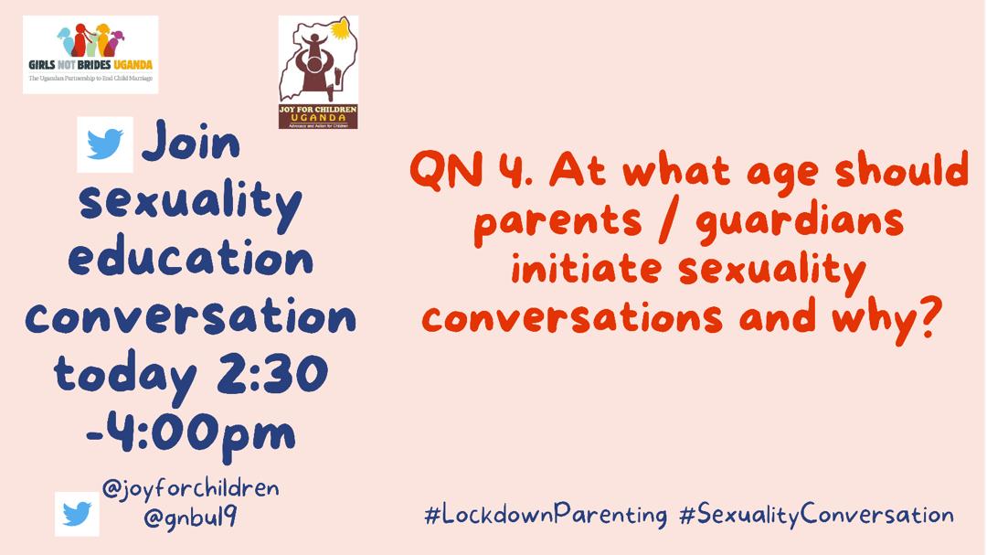 JOYFORCHILDREN's tweet photo. At what age should parents/guardians initiate sexuality conversations and why?
@Sabrinakitaka @PatriciaHumura @Nankunda20 @Meyarmoses @drmiriamo @batahjuliet @phionamorrow @jettyjjuuko1 @Mosesntenga #LockdownParenting
@gnbu19 https://t.co/ZfpX5RPg4l