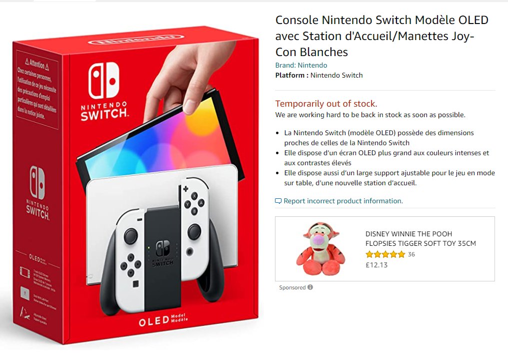 I spy a Nintendo Switch OLED listing on Amazon, but it's not live... and it's in French? 🇫🇷 🤔 zdcs.link/VrLg7