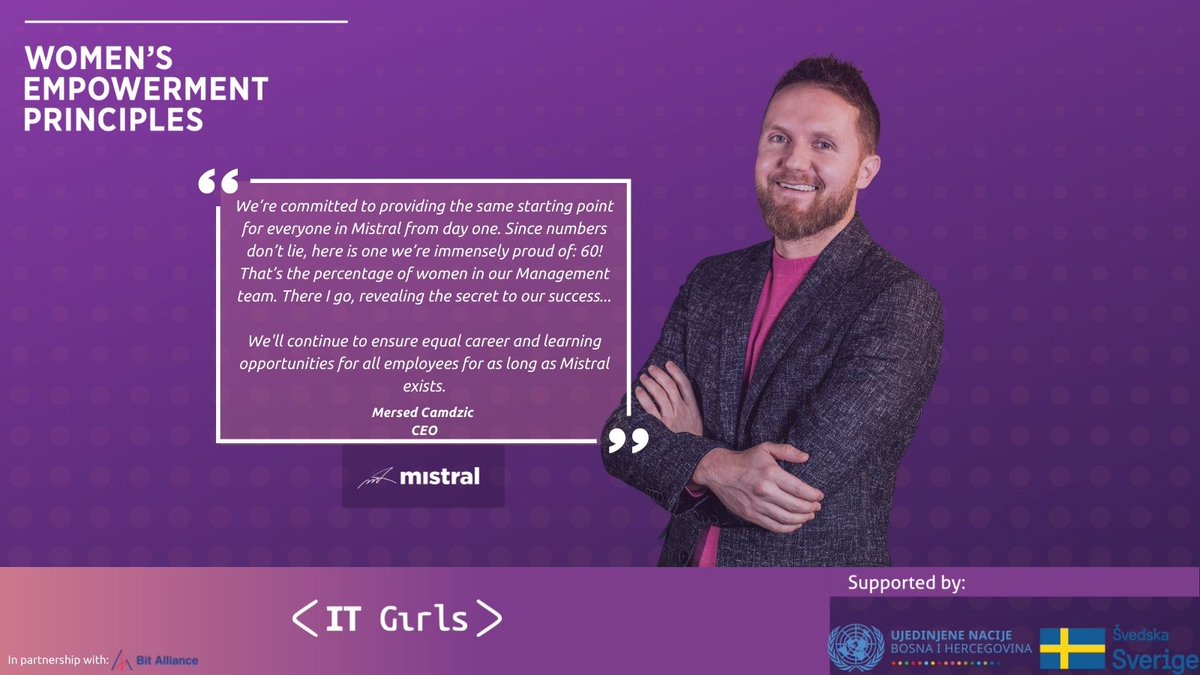 They are pioneers of WEPs, supporting women's equality. 🙋🇺🇳 
They are @MistralTech and they are at the very top in Bosnia and Herzegovina in terms of the percentage of women in their workforce. 👩‍💻🇧🇦
<a href="/UNDPBiH/">UNDP in Bosnia and Herzegovina</a> <a href="/UNICEFBiH/">UNICEF BiH</a> <a href="/unwomenbih/">UN Women BiH</a> <a href="/SwedenBiH/">Sweden in BiH</a>
