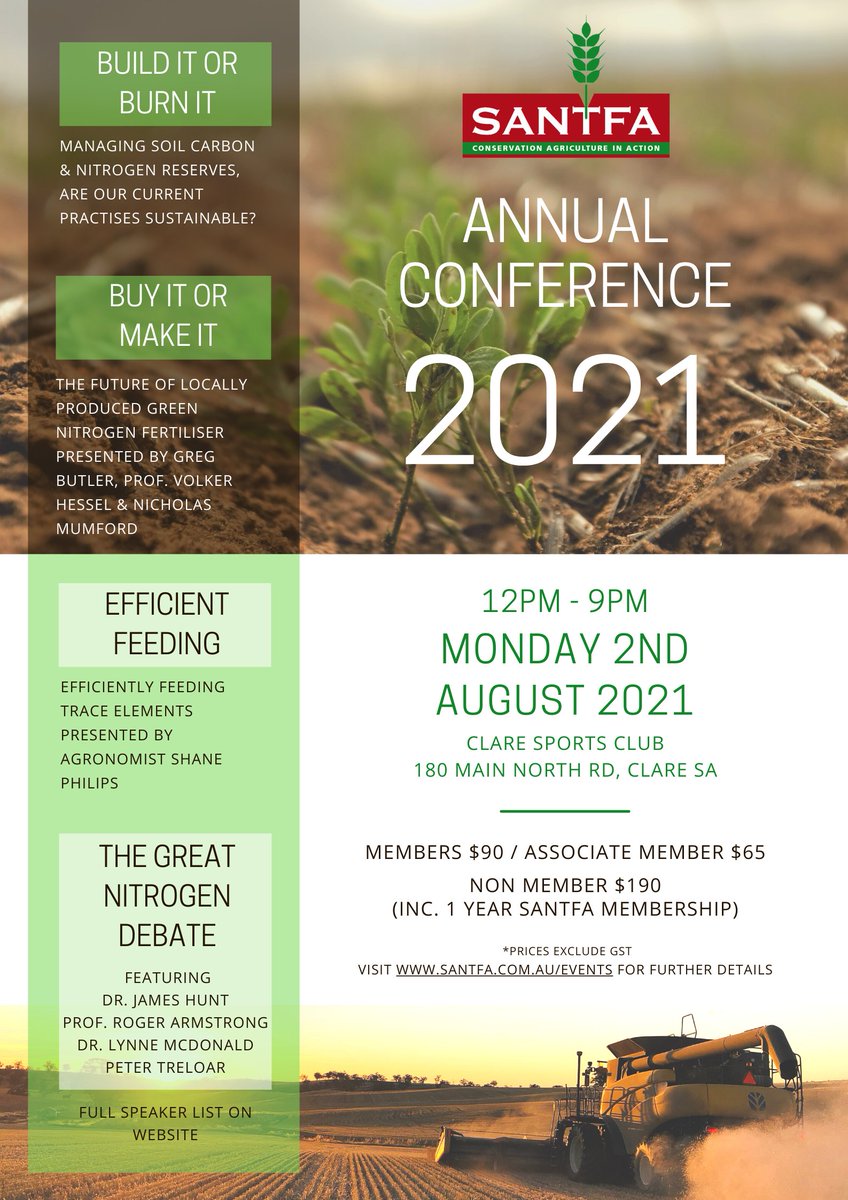 The 2021 SANTFA Conference to be held at Clare on Monday the 2nd of August.

Soil Carbon, Nitrogen and Crop Nutrition are the focus of this years event.

Visit Eventbrite to book you ticket.
eventbrite.com.au/e/santfa-2021-…
Fully refundable if event is cancelled.