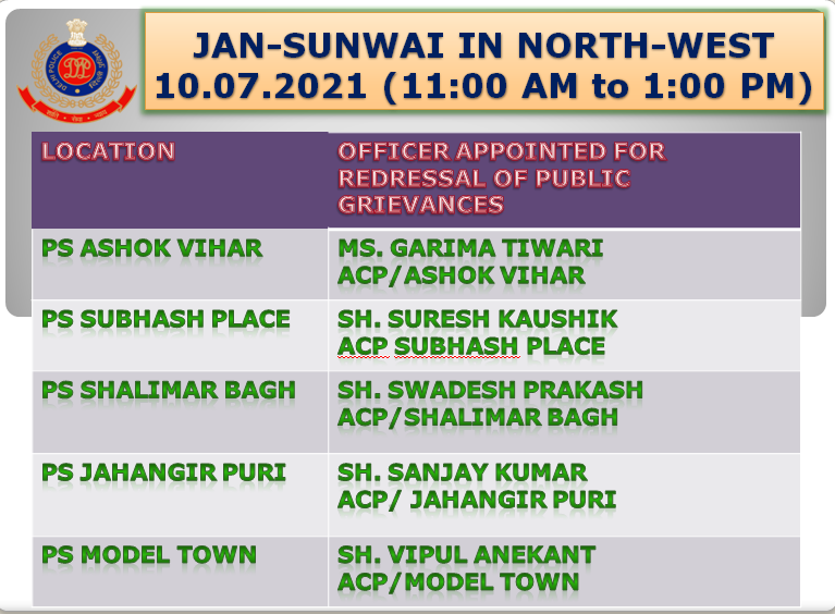 #WeCare
Come forward &amp; share your problems with us.

Every Saturday, "Public Hearing Meetings" will be held in #NorthWest for the redressal of Public Grievances. <a href="/DelhiPolice/">Delhi Police</a> <a href="/CPDelhi/">CP Delhi #DilKiPolice</a> <a href="/SanjaySingh_IPS/">Sanjay Singh</a> <a href="/ssyips/">Surender Singh Yadav IPS</a>

Schedule of this Saturday is attached.