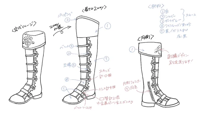 靴屋の血が騒いだので、二次元キャラが履いている靴を実際に作るとしたら、という絵型を描いてみました!折り返し部分は2way仕様で、足首にフィットしたスマートなシルエットにするため内側にファスナーをつけました。#みえイラスト#妄想シューズ 