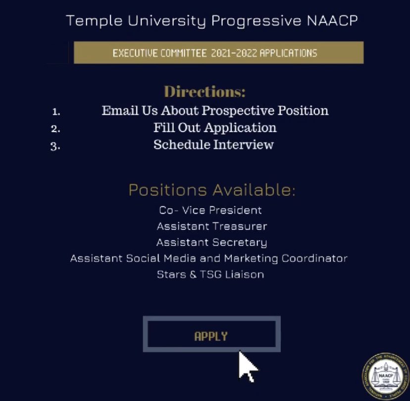 Progressive NAACP (@temple_naacp) on Twitter photo Interested in being a member of our executive committee for Temple NAACP? Please email us at TempleNAACP@gmail.com Interested in being a member of our executive committee for Temple NAACP? Please email us at TempleNAACP@gmail.com