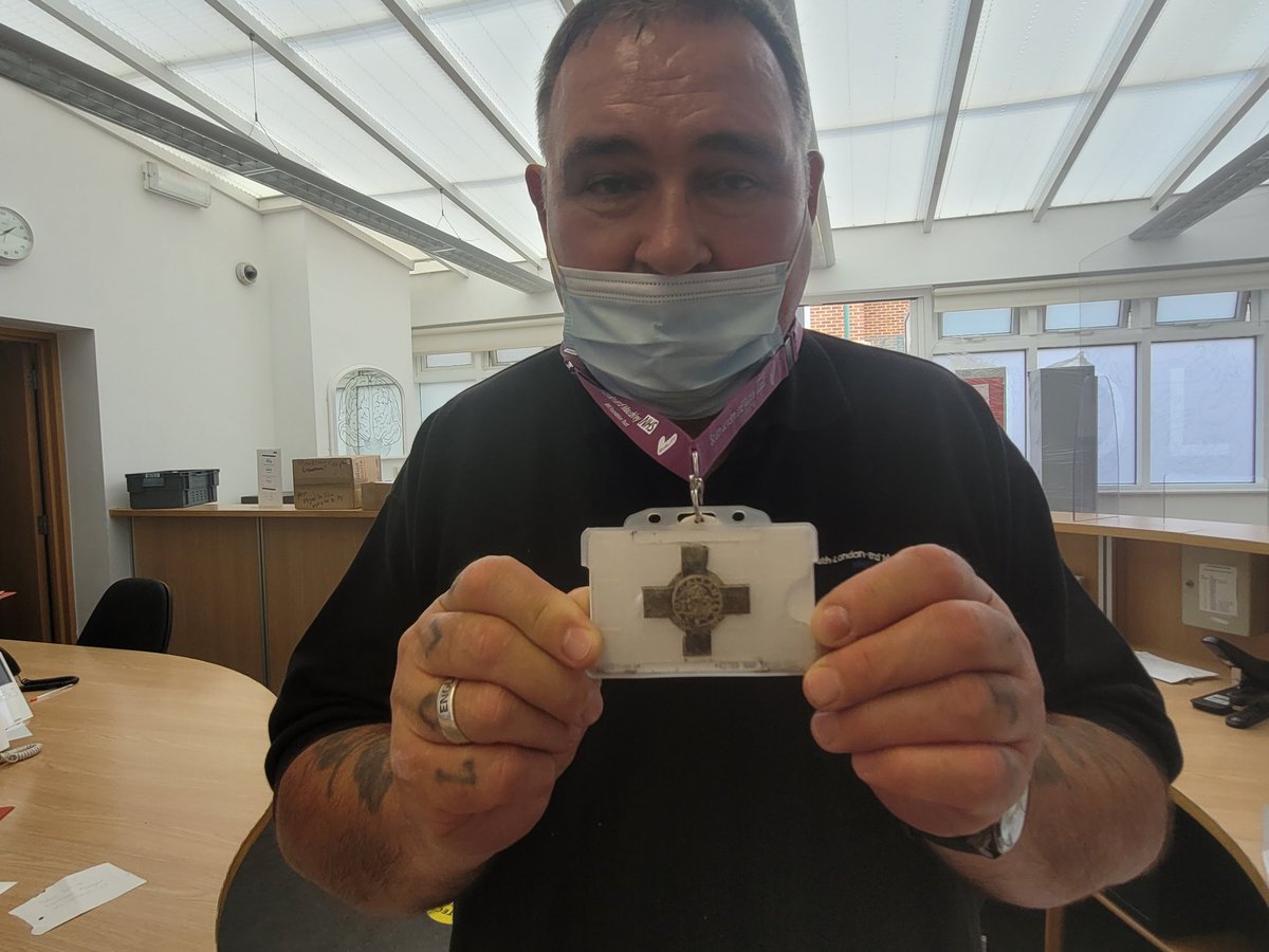 Raymond with his  George Cross medal,  cut out from the newspaper.  You deserve this ! Grateful to our Queen for this recognition.