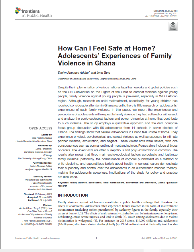 EveAddae's tweet photo. Our latest article explored adolescents' experiences of family violence  as well as factors that legitimize the perpetuation of family violence against adolescents in Ghana.  @LynnTang_ -@lingnanuni @DSocsp  #Adolescents #FamilyViolence #DomesticViolence 
https://t.co/eRYVguLUoP https://t.co/zOWXfPEGwA