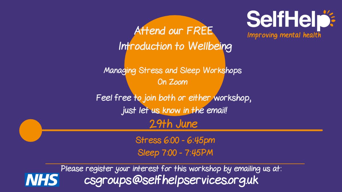 Check out this month's FREE workshops! 
Register today!
#selfhelp #workshops #wellbeing #managingsleep #managingstress #stress #mindfulness #cbt #worry #mentalhealth
