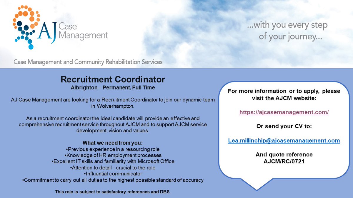AJ Case Management have a fantastic opportunity available,  please contact Lea for more information.