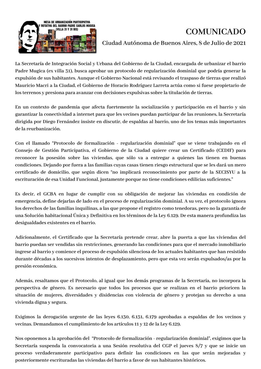 La Secretaría de Integración Social y Urbana del Gobierno de la Ciudad, encargada de urbanizar el barrio Padre Mugica (ex villa 31), busca aprobar un protocolo de regularización dominial que podría generar la expulsión de sus habitantes. <a href="/fernandezdiego/">fernandezdiego</a> <a href="/horaciorlarreta/">Larreta</a>