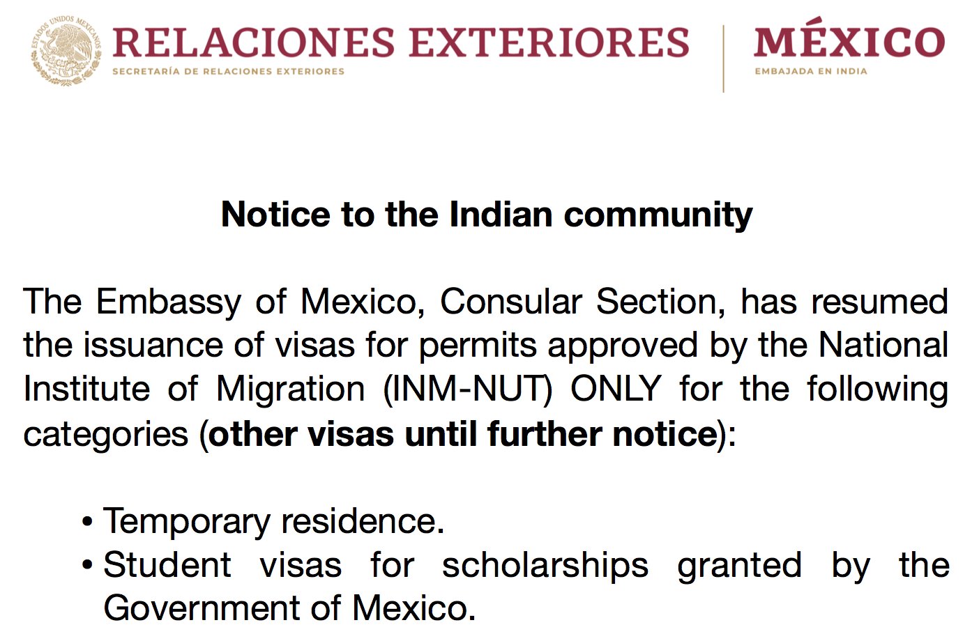 Embassy of Mexico in India 🇲🇽 on Twitter "📢 Notice to the 🇮🇳 community
