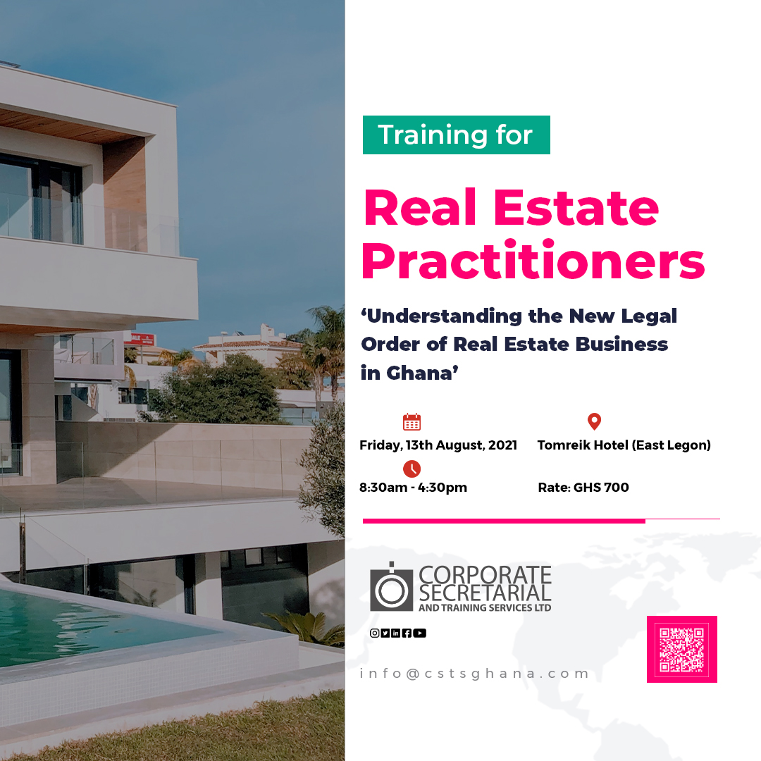 cstsgh's tweet image. Join us for an in-depth analysis of the new legal regime of Real Estate on the 13th of August 2021.

cstsghana.com

Send emails to info@cstsghana.com
Kindly contact us on 0201108331/0270432947

#cstsghana
#realestateact
#realestatetraining
#realestateagent