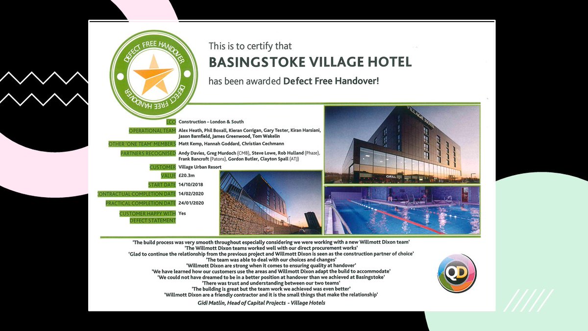 The Basingstoke Village Hotel has been awarded defect free handover! A massive well done to our Contracts Manager Gordon Butler for being recognised and to all those involved on the Project for Willmott Dixon! Great Work!
#LoveConstruction #ATJG #VillageHotel #DefectFreeHandover