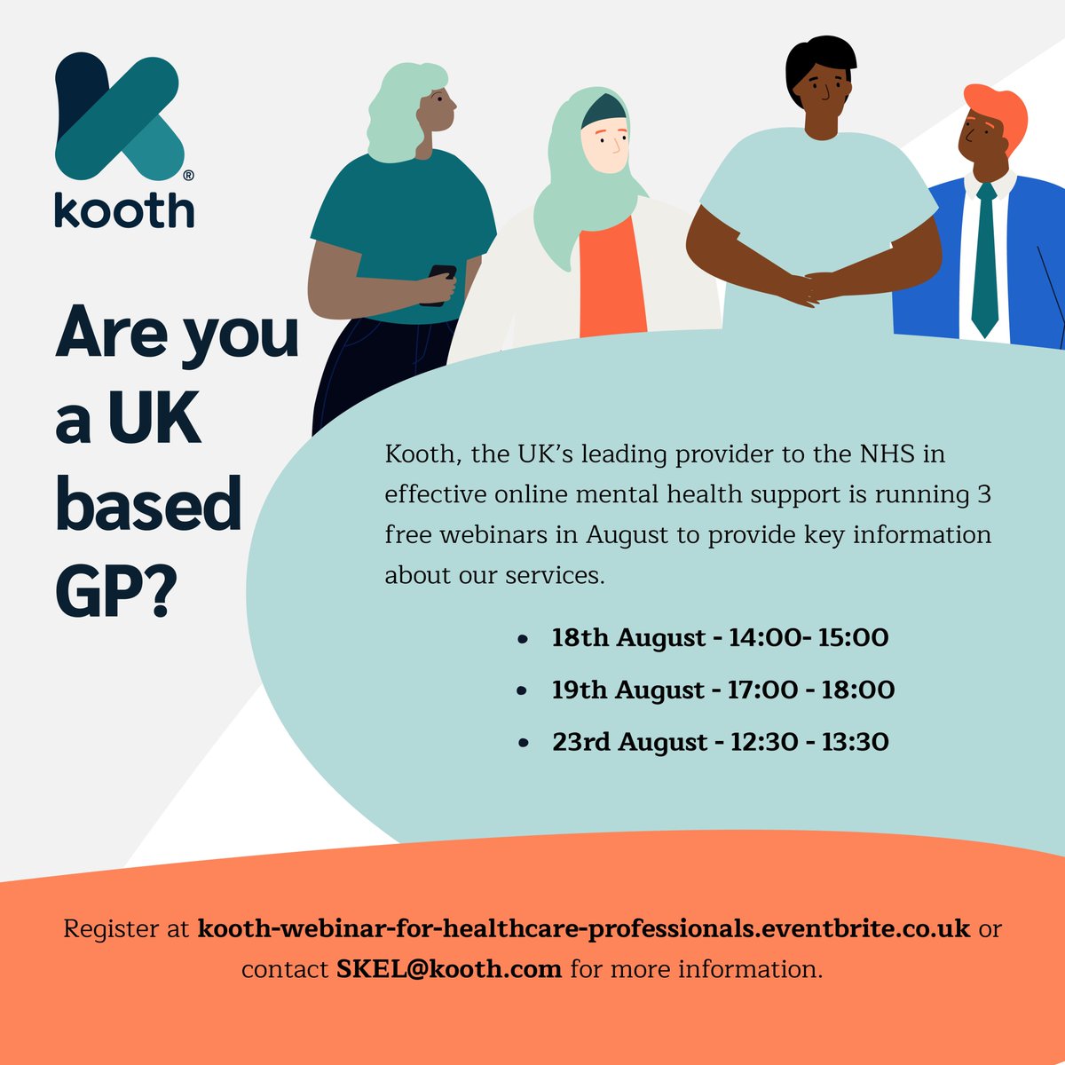 Calling all GP's in @NHSBromley_CCG @NHSSouthwarkCCG @nhslambethccg @NHSGreenwichCCG <a href="/BromleyGPs/">Bromley GP Alliance</a> Kooth Plc are running a series of Information Webinars in August 2021 for you all. More information on the poster