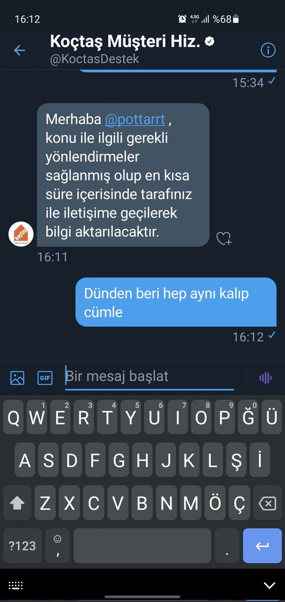 pottarrt's tweet photo. Özelden telefon numarası isteyip, Telefonla bilgi vermek yerine, kalıp cümle ile yine özelden mesajla cevap vermek!!! Ne güzel kurumsal firma!! @KoctasDestek @Koctas https://t.co/dNOqir55Dj