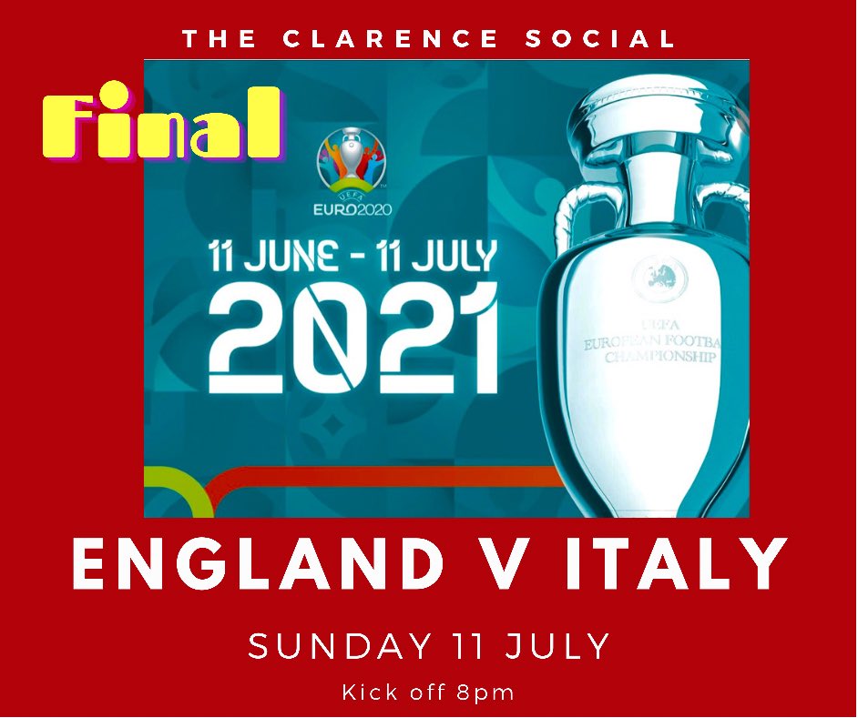 CONGRATULATIONS ENGLAND! ⚽️ We are showing the final on Sunday.  Anybody drinking with us will get their FIRST HALF FREE to kick off the first half🍺. This only comes around once every 55 years, celebrate with us in style! Book now…hello@theclarence.social / 01242 245539
