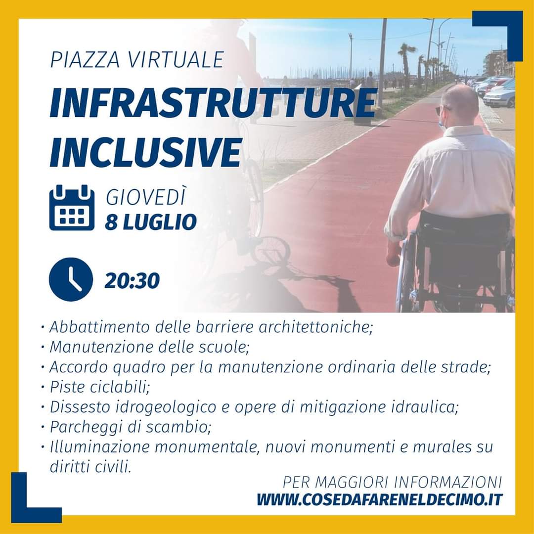 Stasera alle 20.30 il primo di tre incontri virtuali del percorso partecipativo cosadafareneldecimo.
Parleremo di Infrastrutture Inclusive fondamentali per continuare il lavoro di rinascita del X Municipio.
Basterà registrarsi all’evento. 👇
 cosedafareneldecimo.it
Vi aspettiamo