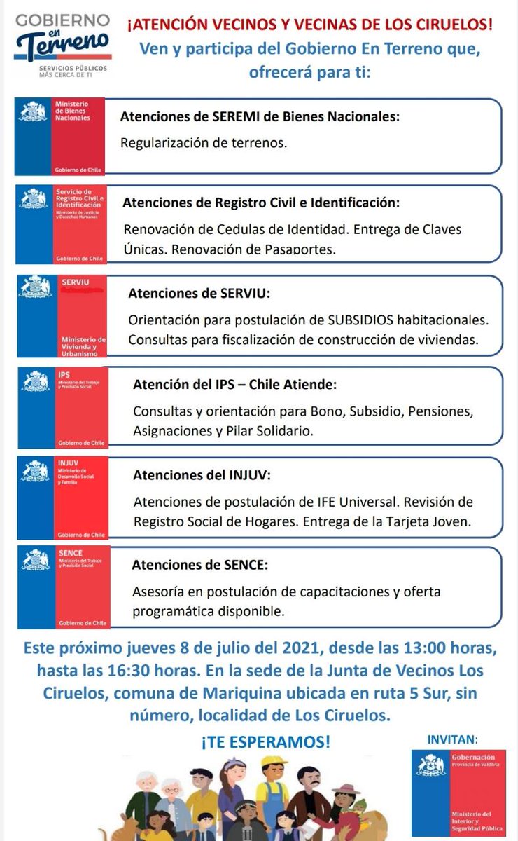 Atención Amig@s de Ciruelos #Mariquina. Este jueves 8 de julio, desde las 13 horas realizaremos un #GobiernoEnTerreno, en la sede de la JJVV, ubicada en ruta 5 Sur sin número.
Nos acompañarán <a href="/LosRiosBBNN/">Seremi de Bienes Nacionales Los Ríos</a> <a href="/RCivil_LosRios/">Registro Civil Los Ríos</a> <a href="/serviulosrios/">SERVIU Los Ríos</a> <a href="/ChileAtiende/">ChileAtiende Oficial</a> <a href="/INJUVLosRios/">INJUV Los Ríos</a> y <a href="/Sencerios/">SENCE Los Ríos</a> 👇